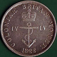 British West Indies coin 1/4 Dollar - George IV (1820 - 1822) reverse reverse of 1/4 Dollar - George IV (1820 - 1822) coin with KM# 3 from British West Indies. Inscription: COLONIAR: BRITAN: MONET: IV IV 1822
