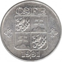 obverse of 10 Haléřů (1991 - 1992) coin with KM# 146 from Czechoslovakia. Inscription: ČSFR 1992