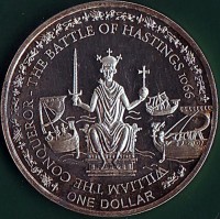 reverse of 1 Dollar - Elizabeth II - Battle of Hastings (2010) coin from Fiji. Inscription: THE BATTLE OF HASTINGS 1066 WILLIAM THE CONQUEROR - ONE DOLLAR