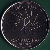 Canada coin 50 Cents - Elizabeth II - 150 Years of Confederation of the Dominion of Canada (2017) reverse reverse of 50 Cents - Elizabeth II - 150 Years of Confederation of the Dominion of Canada (2017) coin from Canada. Inscription: 1867 2017 CANADA 150 50 CENTS