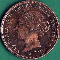 obverse of 1/48 Shilling - Victoria (1877) coin with KM# 6 from Jersey. Inscription: VICTORIA D . G. BRITANNIAR . REGINA F . D