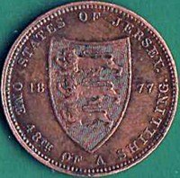 reverse of 1/48 Shilling - Victoria (1877) coin with KM# 6 from Jersey. Inscription: 1877 STATES OF JERSEY ONE 48TH OF A SHILLING