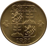 obverse of 20 Haléřů (1991 - 1992) coin with KM# 143 from Czechoslovakia. Inscription: ČSFR 1991
