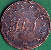 Saint Helena coin 1/2 Penny - George IV (1821) obverse obverse of 1/2 Penny - George IV (1821) coin with KM# Tn1 from Saint Helena. Inscription: ONE HALF PENNY * S D T