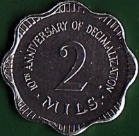 reverse of 2 Mils - 10 Years of Decimal Currency in Malta (1982) coin with KM# 54 from Malta. Inscription: 10TH ANNIVERSARY OF DECIMALIZATION 2 MILS