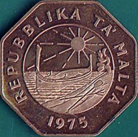 obverse of 25 Cents - Declaration of the Republic of Malta - 13 December 1974 (1975) coin with KM# 29a from Malta. Inscription: REPUBBLIKA TA' MALTA 1975