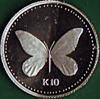 reverse of 10 Kina - Elizabeth II - Butterfly - Platinum (1992) coin with KM# 33a from Papua New Guinea. Inscription: K10