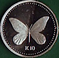 Papua New Guinea coin 10 Kina - Elizabeth II - Butterfly - Platinum (1992) reverse reverse of 10 Kina - Elizabeth II - Butterfly - Platinum (1992) coin with KM# 33a from Papua New Guinea. Inscription: K10