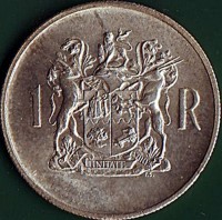 South Africa coin 1 Rand - The end of Dr. Theophilus Ebenhaezer Dönges' Presidency - SUID AFRIKA (1969) reverse reverse of 1 Rand - The end of Dr. Theophilus Ebenhaezer Dönges' Presidency - SUID AFRIKA (1969) coin with KM# 80.2 from South Africa. Inscription: 1 R