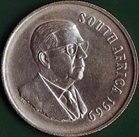 obverse of 1 Rand - The end of Dr. Theophilus Ebenhaezer Dönges' Presidency - SOUTH AFRICA (1969) coin with KM# 80.1 from South Africa. Inscription: SOUTH AFRICA 1969