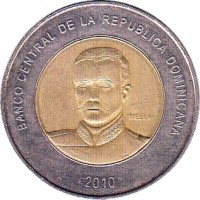 Dominican Republic coin 10 Pesos (2005 - 2010) obverse obverse of 10 Pesos (2005 - 2010) coin with KM# 106 from Dominican Republic. Inscription: REPUBLICA DOMINICANA 10 PESOS 2005