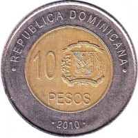 Dominican Republic coin 10 Pesos (2005 - 2010) reverse reverse of 10 Pesos (2005 - 2010) coin with KM# 106 from Dominican Republic. Inscription: BANCO CENTRAL DE LA REPUBLICA DOMINICANA