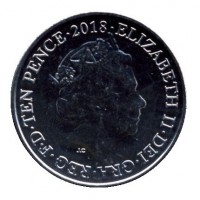 obverse of 10 Pence - Elizabeth II - Letter C - Cricket - 5'th Portrait (2018 - 2019) coin from United Kingdom. Inscription: ELIZABETH II ∙ DEI ∙ GRA ∙ REG ∙ F ∙ D ∙ TEN PENCE ∙ 2018 ∙ J.C