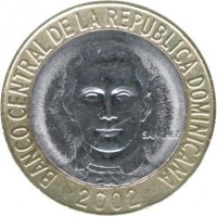 Dominican Republic coin 5 Pesos (2002 - 2008) reverse reverse of 5 Pesos (2002 - 2008) coin with KM# 89 from Dominican Republic. Inscription: BANCO CENTRAL DE REPUBLICA DOMINICANA SANCHEZ · 2002 ·