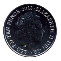 United Kingdom coin 10 Pence - Elizabeth II - Letter J - Jubilee - 5'th Portrait (2018 - 2019) obverse obverse of 10 Pence - Elizabeth II - Letter J - Jubilee - 5'th Portrait (2018 - 2019) coin from United Kingdom. Inscription: ELIZABETH II ∙ DEI ∙ GRA ∙ REG ∙ F ∙ D ∙ TEN PENCE ∙ 2018 ∙ J.C