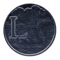 reverse of 10 Pence - Elizabeth II - Letter L - Loch Ness Monster - 5'th Portrait (2018 - 2019) coin from United Kingdom. Inscription: L