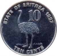 Eritrea coin 10 Cents (1997) reverse reverse of 10 Cents (1997) coin with KM# 45 from Eritrea. Inscription: STATE OF ERITREA 1997 10 TEN CENTS