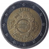 Estonia coin 2 Euro - 10 Years of Euro Cash (2012) obverse obverse of 2 Euro - 10 Years of Euro Cash (2012) coin with KM# 70 from Estonia. Inscription: EESTI A.H. € 2002 2012