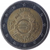 obverse of 2 Euro - 10 Years of Euro Cash (2012) coin with KM# 70 from Estonia. Inscription: EESTI A.H. € 2002 2012