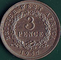 reverse of 3 Pence - Elizabeth II - 1'st Portrait (1957) coin with KM# 35 from British West Africa. Inscription: BRITISH WEST AFRICA 3 PENCE H 1957