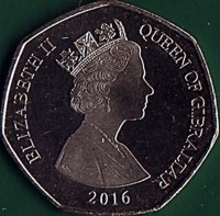 obverse of 50 Pence - Elizabeth II - 3'rd Portrait (2014 - 2016) coin from Gibraltar. Inscription: ELIZABETH II QUEEN OF GIBRALTAR