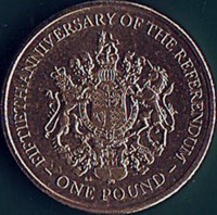 Gibraltar coin 1 Pound - Elizabeth II - 50th Anniversary of the Referendum of 1967 (2017) reverse reverse of 1 Pound - Elizabeth II - 50th Anniversary of the Referendum of 1967 (2017) coin from Gibraltar. Inscription: FIFTIETH ANNIVERSARY OF THE REFERENDUM - ONE POUND - DIEU ET MON DROIT