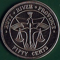 Hutt River coin 50 Cents - Leonard I (1976 - 1978) reverse reverse of 50 Cents - Leonard I (1976 - 1978) coin with X# 4 from Hutt River. Inscription: · HUTT · RIVER· PROVINCE · FIFTY CENTS