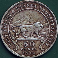 reverse of 50 Cents - George V (1911 - 1919) coin with KM# 9 from British East Africa. Inscription: EAST AFRICA & UGANDA PROTECTORATES 50 CENTS 1914