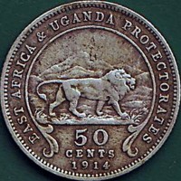 British East Africa coin 50 Cents - George V (1911 - 1919) reverse reverse of 50 Cents - George V (1911 - 1919) coin with KM# 9 from British East Africa. Inscription: EAST AFRICA & UGANDA PROTECTORATES 50 CENTS 1914
