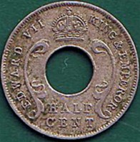obverse of 1/2 Cent - Edward VII (1909) coin with KM# 6a from British East Africa. Inscription: EDWARD VII KING & EMPEROR HALF CENT