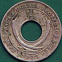 reverse of 1/2 Cent - Edward VII (1909) coin with KM# 6a from British East Africa. Inscription: EAST AFRICA & UGANDA PROTECTORATES 1/2 1909