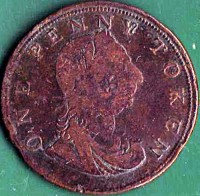 obverse of 1 Penny - George III (1820) coin from Ireland. Inscription: ONE PENNY TOKEN