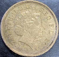 obverse of 2 Dollars - Elizabeth II - Mule - obverse is a British 2 Pence coin. (2002) coin from New Zealand. Inscription: ELIZABETH · II · D · G REG · F · D · 2002 IRB