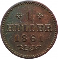 German States coin 1 Heller (1859 - 1865) reverse reverse of 1 Heller (1859 - 1865) coin with KM# 356 from German States. Inscription: * 1 * HELLER 1861