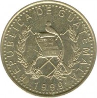 obverse of 1 Quetzal (1999 - 2012) coin with KM# 284 from Guatemala. Inscription: REPUBLICA DE GUATEMALA 2001 LIBERTAD 15 DE SETIEMBRE DE 1821