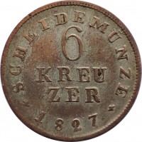 German States coin 6 Kreuzer - Ludwig I (1821 - 1828) reverse reverse of 6 Kreuzer - Ludwig I (1821 - 1828) coin with KM# 290 from German States. Inscription: * SCHEIDEMÜNZE * 6 KREU ZER 1827