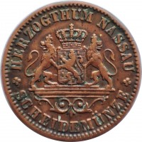 obverse of 1 Kreuzer - Adolph (1859 - 1863) coin with KM# 74 from German States. Inscription: HERZOGTHUM NASSAU SCHEIDEMÜNZE