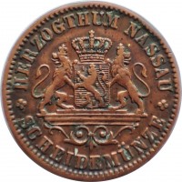 German States coin 1 Kreuzer - Adolph (1859 - 1863) obverse obverse of 1 Kreuzer - Adolph (1859 - 1863) coin with KM# 74 from German States. Inscription: HERZOGTHUM NASSAU SCHEIDEMÜNZE