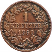 reverse of 1 Kreuzer - Adolph (1859 - 1863) coin with KM# 74 from German States. Inscription: 1 KREUZER 1860