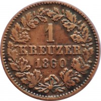 German States coin 1 Kreuzer - Adolph (1859 - 1863) reverse reverse of 1 Kreuzer - Adolph (1859 - 1863) coin with KM# 74 from German States. Inscription: 1 KREUZER 1860