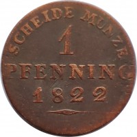 reverse of 1 Pfennig - Friedrich Wilhelm III (1821 - 1840) coin with KM# 405 from German States. Inscription: SCHEIDE MÜNZE 1 PFENNING 1822 B