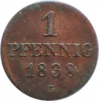 reverse of 1 Pfennig - Friedrich August II (1836 - 1838) coin with KM# 1135 from German States. Inscription: 1 Pfennig 1838 G