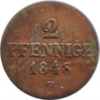 reverse of 2 Pfennige - Friedrich August II (1841 - 1854) coin with KM# 1135 from German States. Inscription: 2 PFENNIGE 1848 F