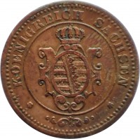 obverse of 2 Pfennig - Johann I (1862 - 1873) coin with KM# 1217 from German States. Inscription: KOENIGREICH SACHSEN