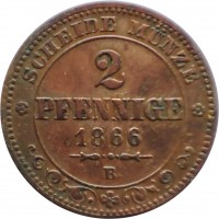 reverse of 2 Pfennig - Johann I (1862 - 1873) coin with KM# 1217 from German States. Inscription: SCHEIDE MÜNZE 2 PFENNIGE 1866 B