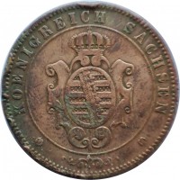 obverse of 5 Pfennig - Johann I (1862 - 1869) coin with KM# 1218 from German States. Inscription: KOENIGREICH SACHSEN
