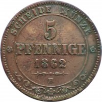 German States coin 5 Pfennig - Johann I (1862 - 1869) reverse reverse of 5 Pfennig - Johann I (1862 - 1869) coin with KM# 1218 from German States. Inscription: SCHEIDE MÜNZE 5 PFENNIGE 1862 B
