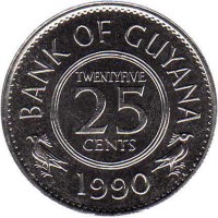 Guyana coin 25 Cents (1967 - 1992) reverse reverse of 25 Cents (1967 - 1992) coin with KM# 34 from Guyana. Inscription: BANK OF GUYANA TWENTYFIVE 25 CENTS 1989