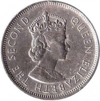 obverse of 1 Dollar - Elizabeth II - 1'st Portrait (1960 - 1970) coin with KM# 31 from Hong Kong. Inscription: QUEEN ELIZABETH THE SECOND