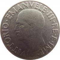 obverse of 1 Lira - Vittorio Emanuele III - Non magnetic (1939 - 1940) coin with KM# 77a from Italy. Inscription: VITTORIO.EMANUELE.III.RE.E.IMP. G.ROMAGNOLI